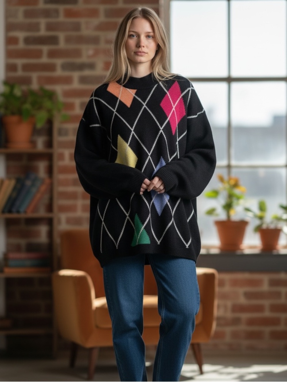 Vintage 90s Norton McNaughton Black Argyle Diamond Knit Sweater M Colorful